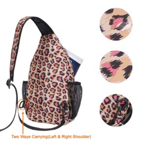 MOSISO Sling Backpack,Travel Hiking Daypack Leopard Print Rope Crossbody Bag, Pink, Medium