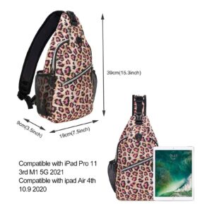 MOSISO Sling Backpack,Travel Hiking Daypack Leopard Print Rope Crossbody Bag, Pink, Medium