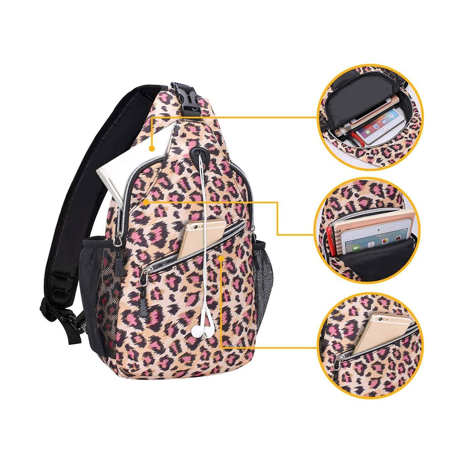 MOSISO Sling Backpack,Travel Hiking Daypack Leopard Print Rope Crossbody Bag, Pink, Medium