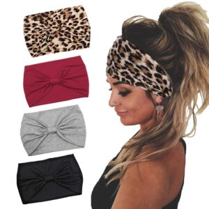 Gangel Boho Headbands Fabric Knotted Turban Head Wraps Wide Hair Scarf Cotton Yoga Running Hair Accessories for Women (Pack of 4) (Adorable)