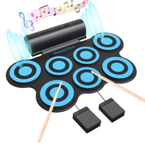 konix electronic drum pad for kids - 7 pads roll up electric drum kit rechargeable - digital drum sets with headphone jack, speaker, pedals, demo songs, mp3 usb port, sticks - blue