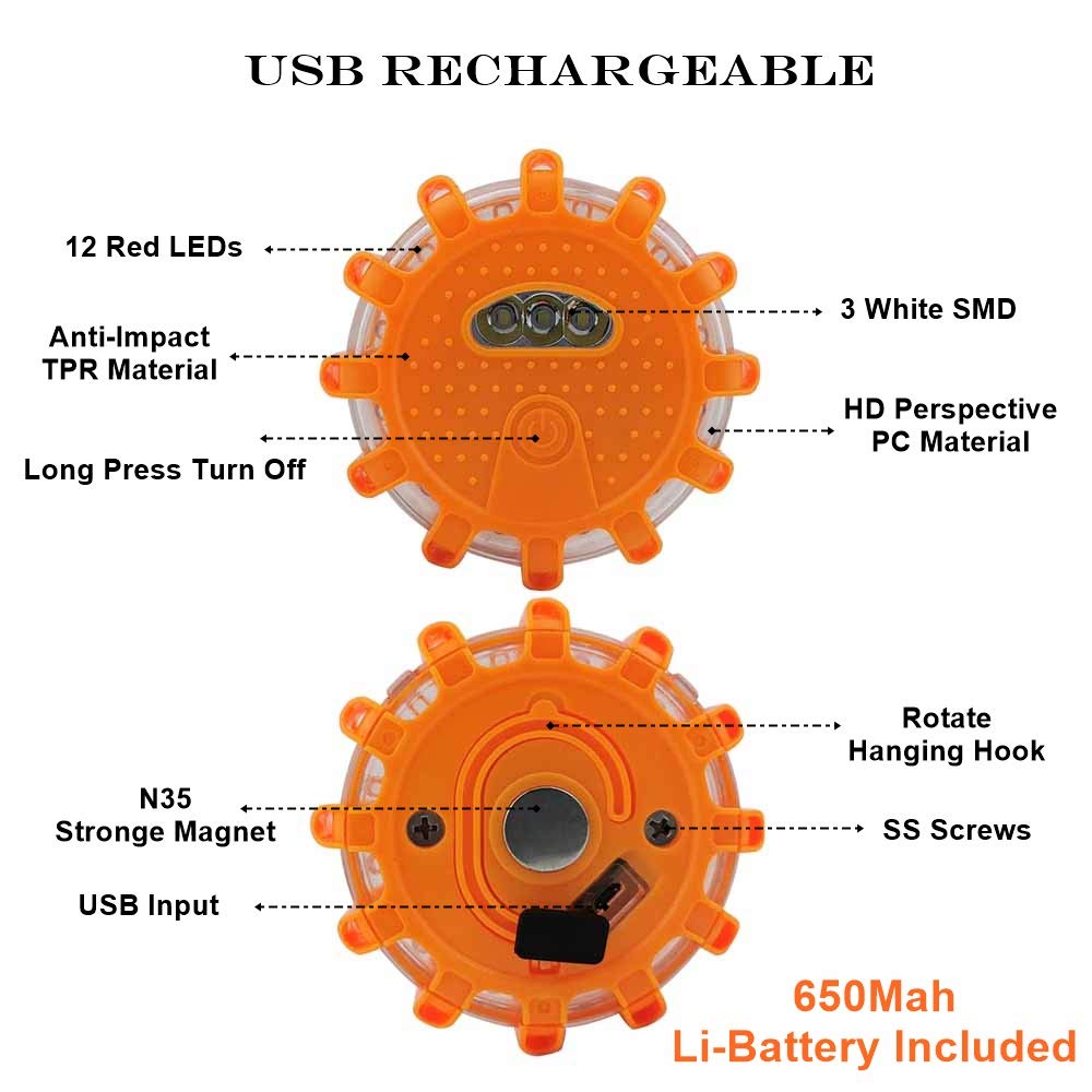 Ecoangel USB Rechargeable LED Road Flares Emergency Lights-Roadside Warning Car Safety Beacon Flashing Disc Flare Kit with Magnetic Base for Vehicles & Boat | 3 Beacon Disc Pack