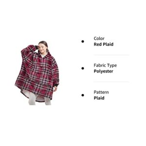 DEGREES OF COMFORT Original Sherpa Wearable Blanket Hoodie, Oversized Hooded Sweatshirt Blankets, One Big Size Fits All, 38x32 Red Plaid