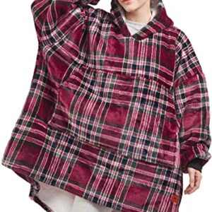 DEGREES OF COMFORT Original Sherpa Wearable Blanket Hoodie, Oversized Hooded Sweatshirt Blankets, One Big Size Fits All, 38x32 Red Plaid