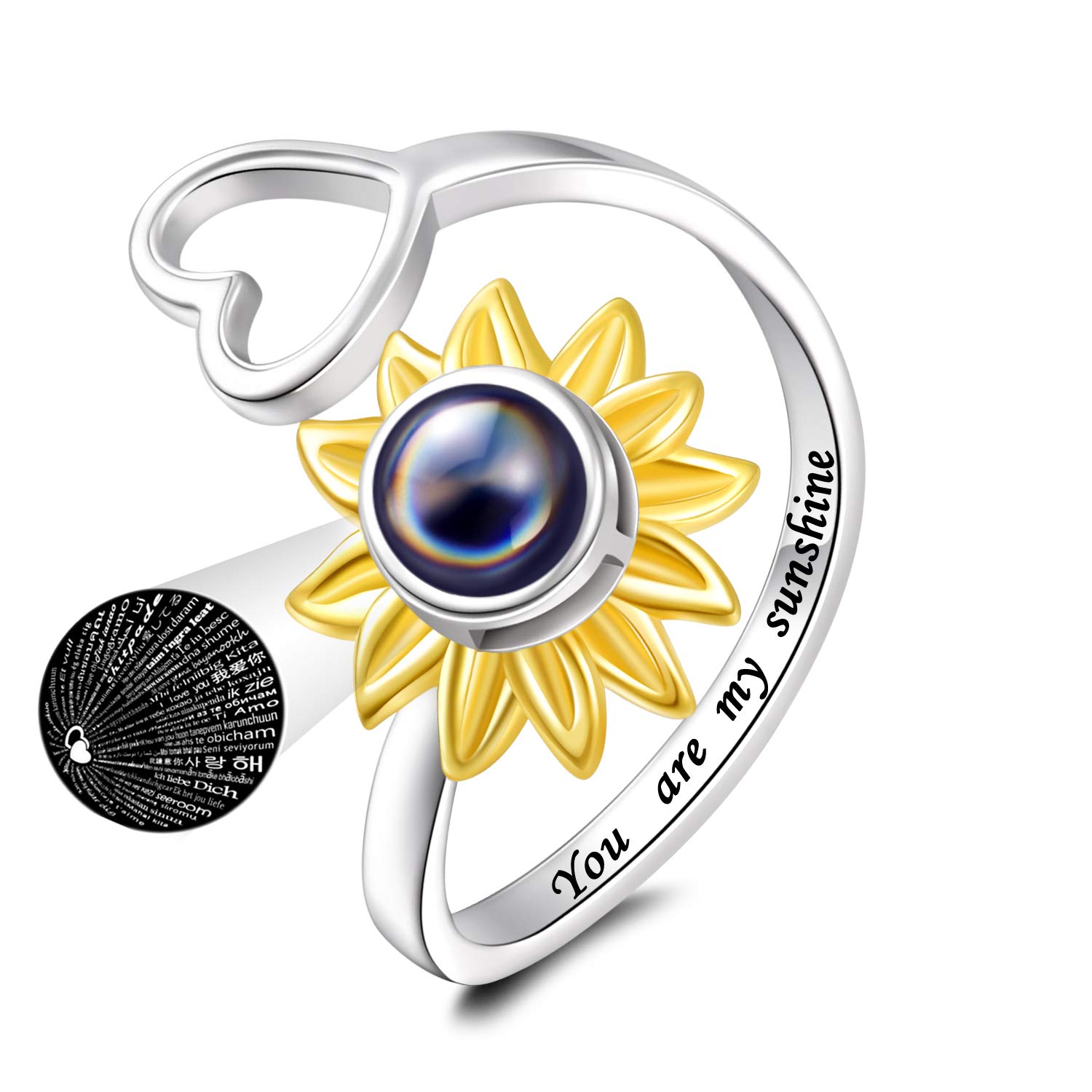 Jinlou sunflower ring 925 sterling silver I love you 100 language heart ring finger You are my Sunshine flower ring for women Teen