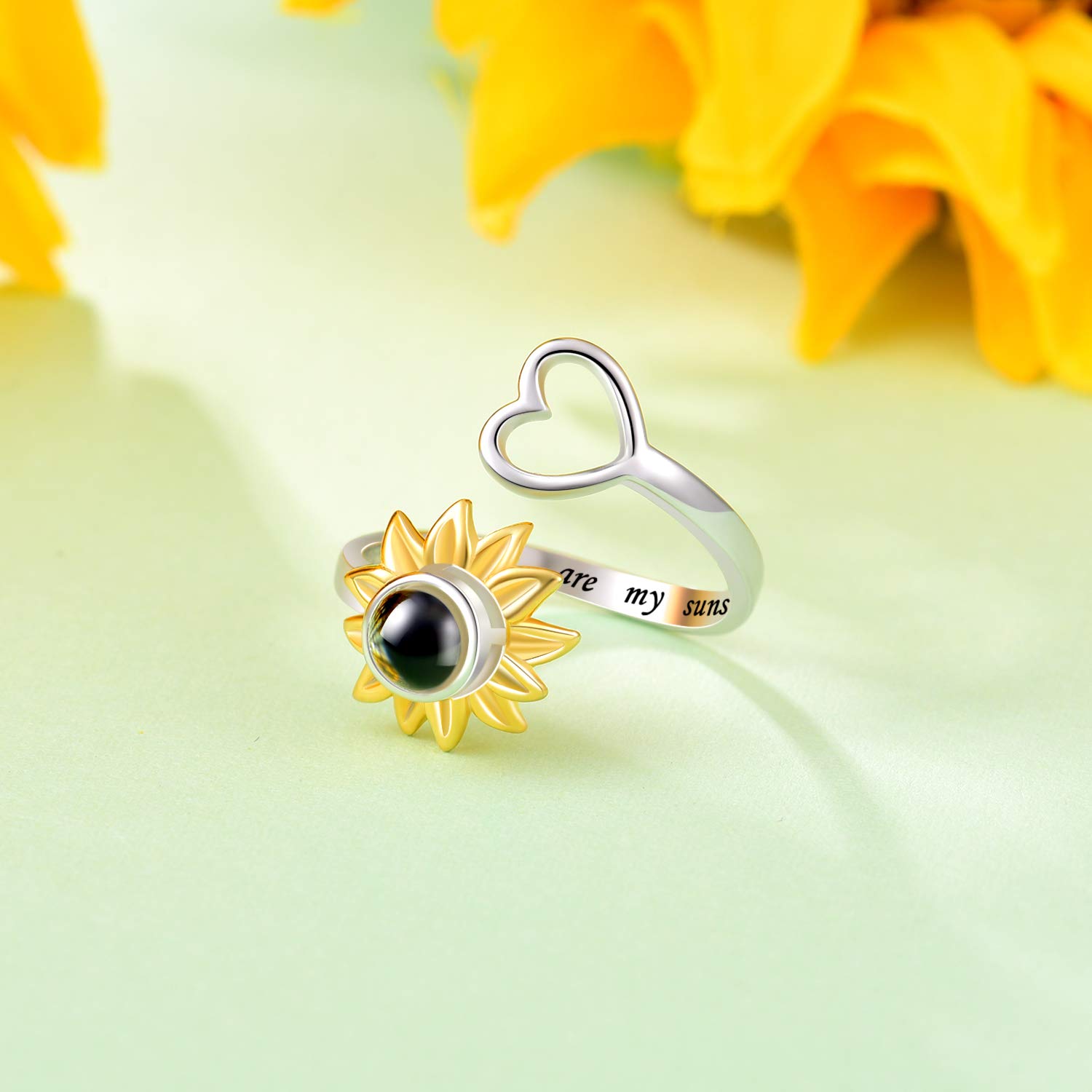 Jinlou sunflower ring 925 sterling silver I love you 100 language heart ring finger You are my Sunshine flower ring for women Teen