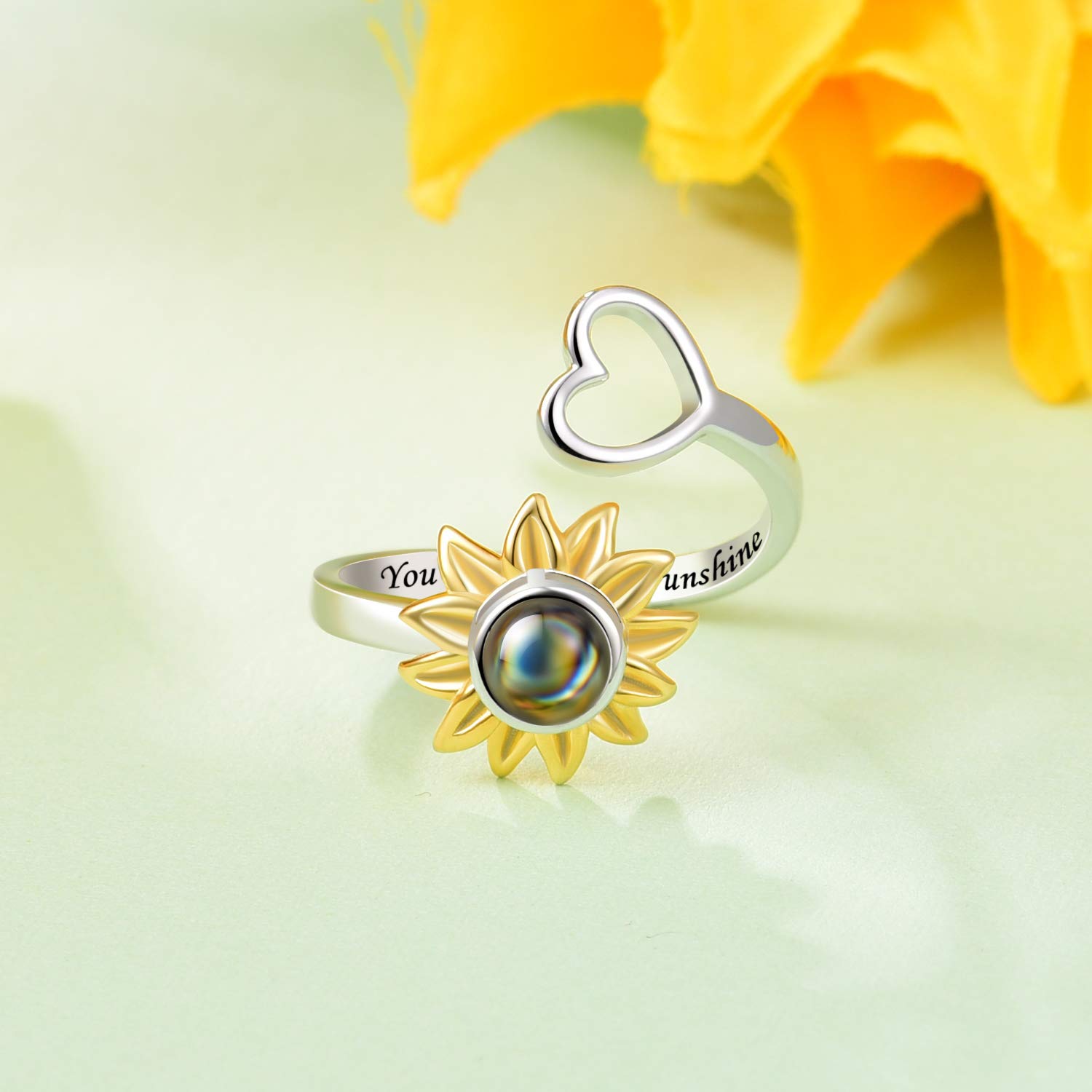 Jinlou sunflower ring 925 sterling silver I love you 100 language heart ring finger You are my Sunshine flower ring for women Teen