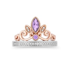 Jewelili Enchanted Disney Fine Jewelry 14K Rose Gold over Sterling Silver with 1/10 Cttw Diamond Rose-de-France Rapunzel Tiara Ring Size 6