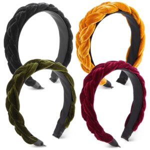 glamlily 4 pack velvet braided headbands for women, wide, non-slip padded hair accessories (4 colors)