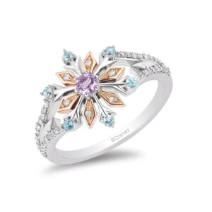 jewelili enchanted disney fine jewelry elsa snowflake ring in 14k rose gold over sterling silver with diamonds, sky blue topaz and rose de france size 6