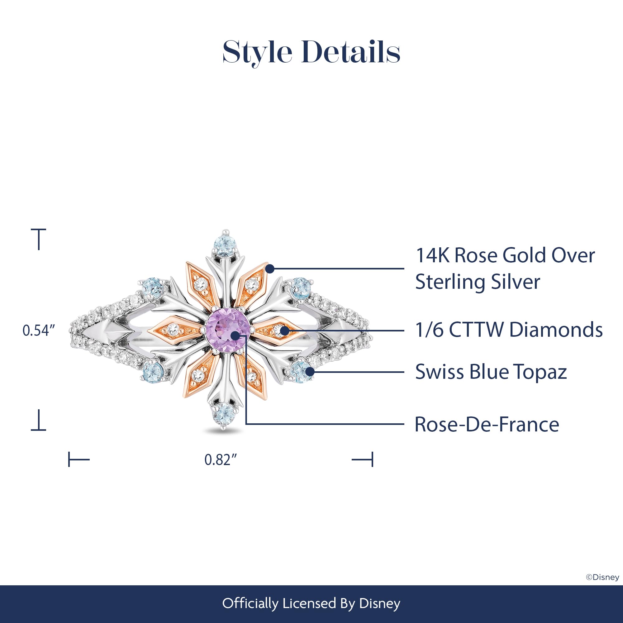 Jewelili Enchanted Disney Fine Jewelry Elsa Snowflake Ring in 14K Rose Gold Over Sterling Silver with Diamonds, Sky Blue Topaz and Rose de France Size 6