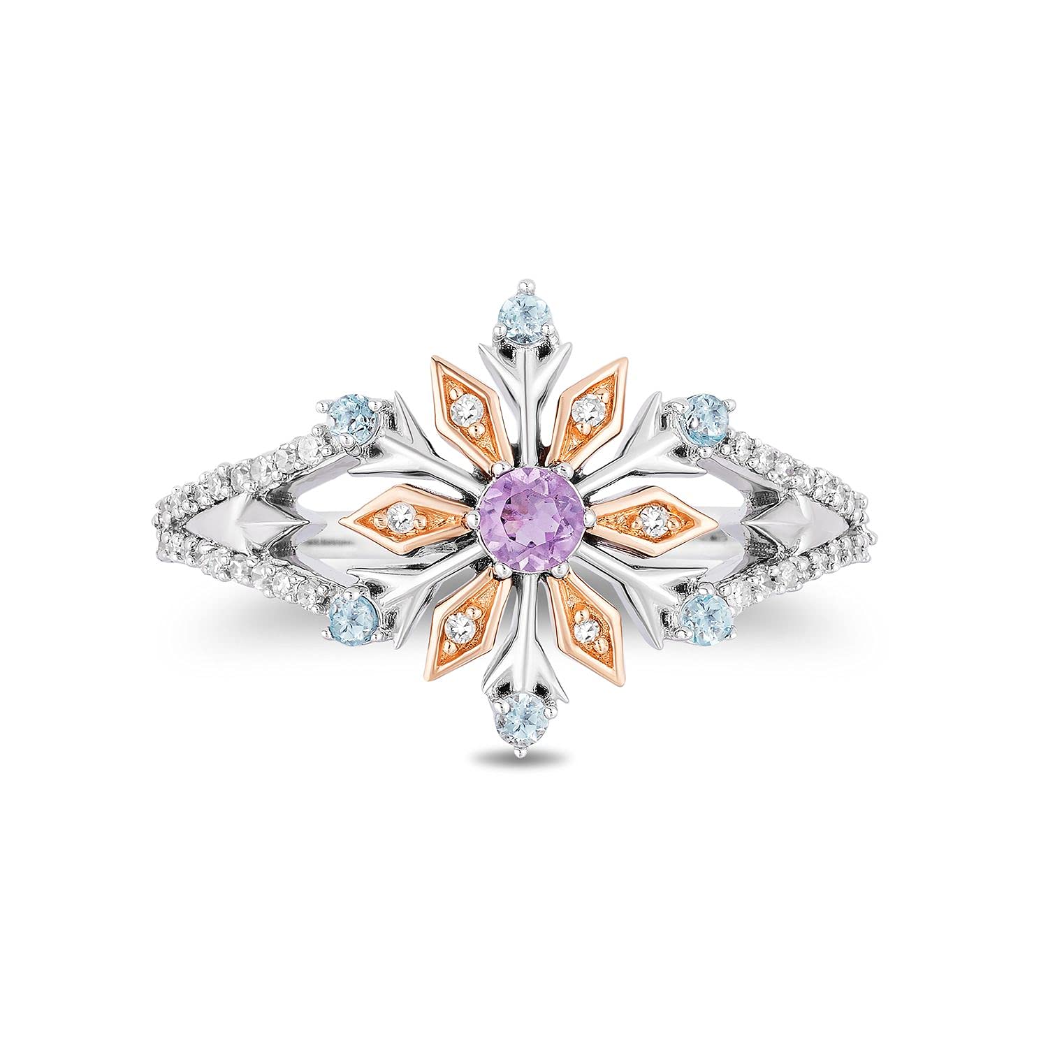 Jewelili Enchanted Disney Fine Jewelry Elsa Snowflake Ring in 14K Rose Gold Over Sterling Silver with Diamonds, Sky Blue Topaz and Rose de France Size 6