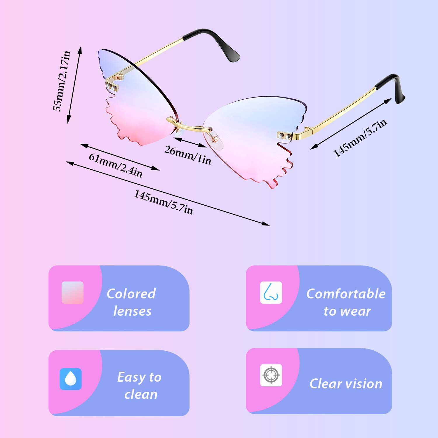 Weewooday 2 Pairs Butterfly Sunglasses Butterfly Rimless Sunglasses Butterfly Glasses Eyewear for Women Men (Grey, Pink and Blue)