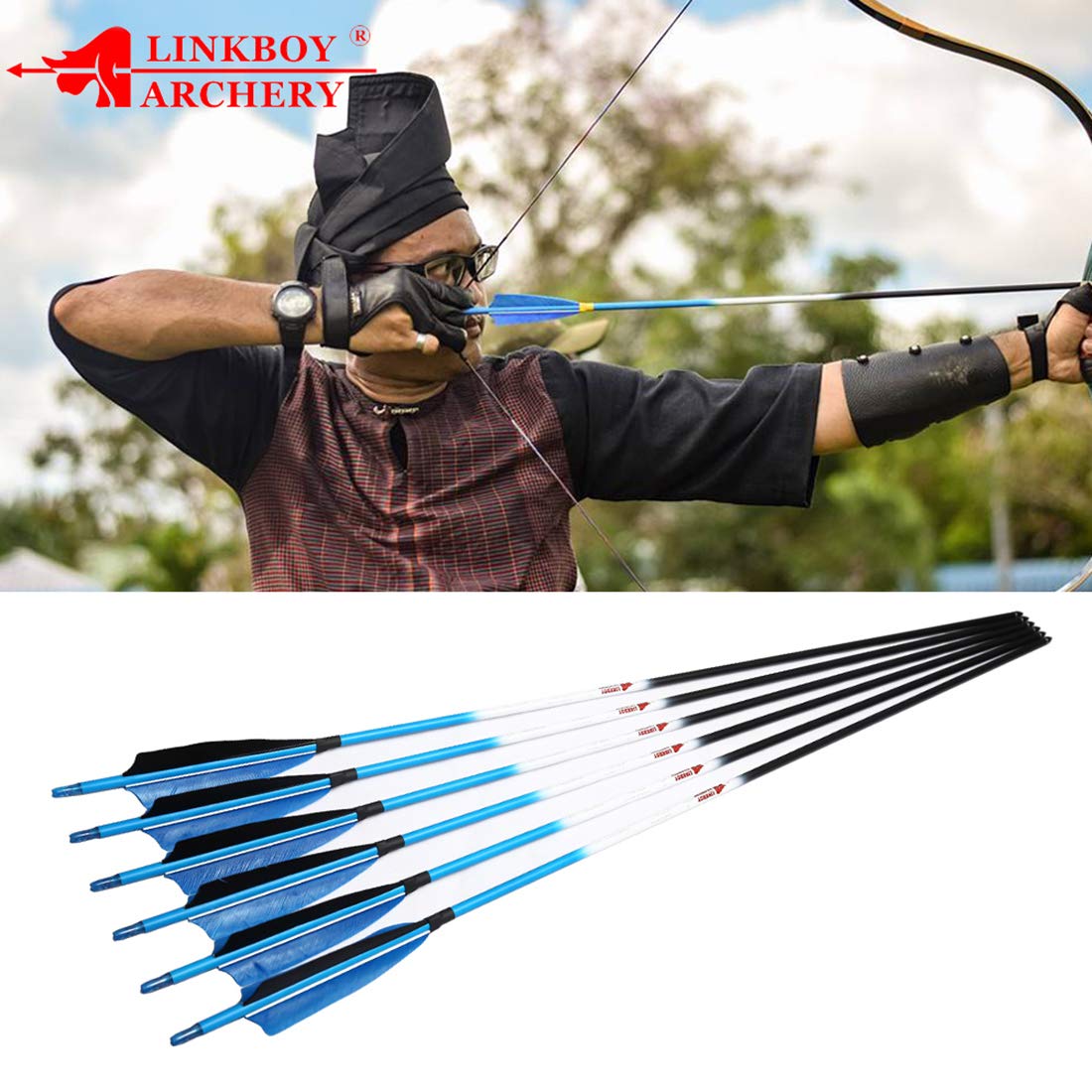 Linkboy Archery Carbon Arrows Hunting Practice Target Arrows Fluorescent Blue with Removable Tip for Compound Recurve Long Bows, Spine 500/32inch, Pack of 12PCS