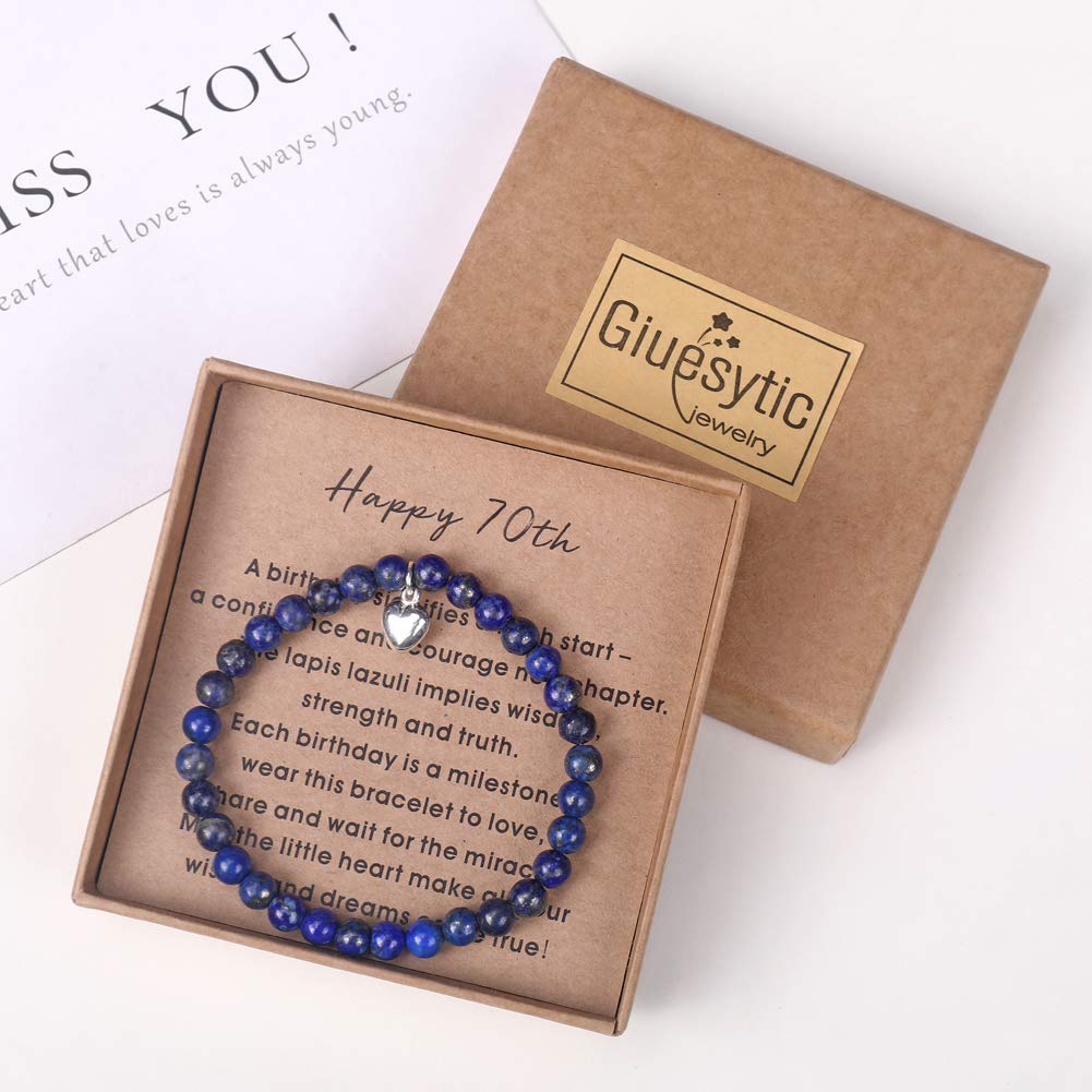 70th Birthday Gifts for Women Turning 70 - Lapis lazuli Bead Bracelet with Sterling Silver Heart Charm with Card and Gift Box