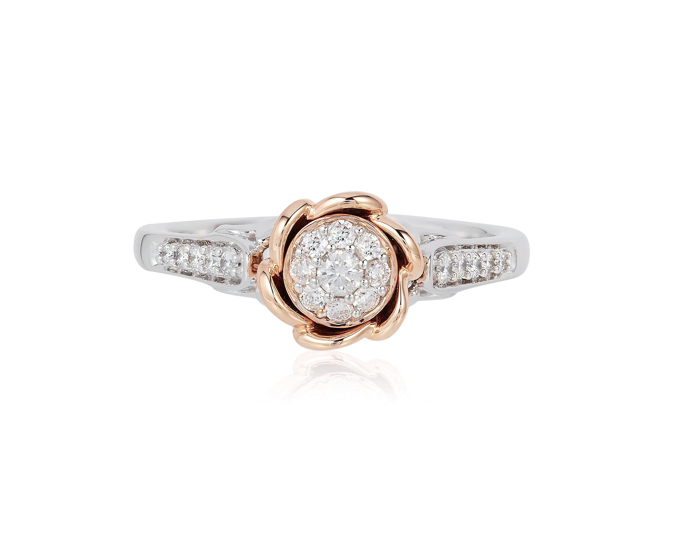 Jewelili Enchanted Disney Fine Jewelry 14K White Gold and Rose Gold 1/4 Cttw Diamond Belle Rose Engagement Ring, Size 6