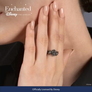 Jewelili Enchanted Disney Fine Jewelry Sterling Silver with Black Rhodium 1/5 Cttw Treated Black Round Diamonds Maleficent Rose Ring Size 8