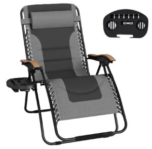 mfstudio zero gravity chairs, oversized patio recliner chair, padded folding lawn chair with cup holder tray, support 400lbs, grey