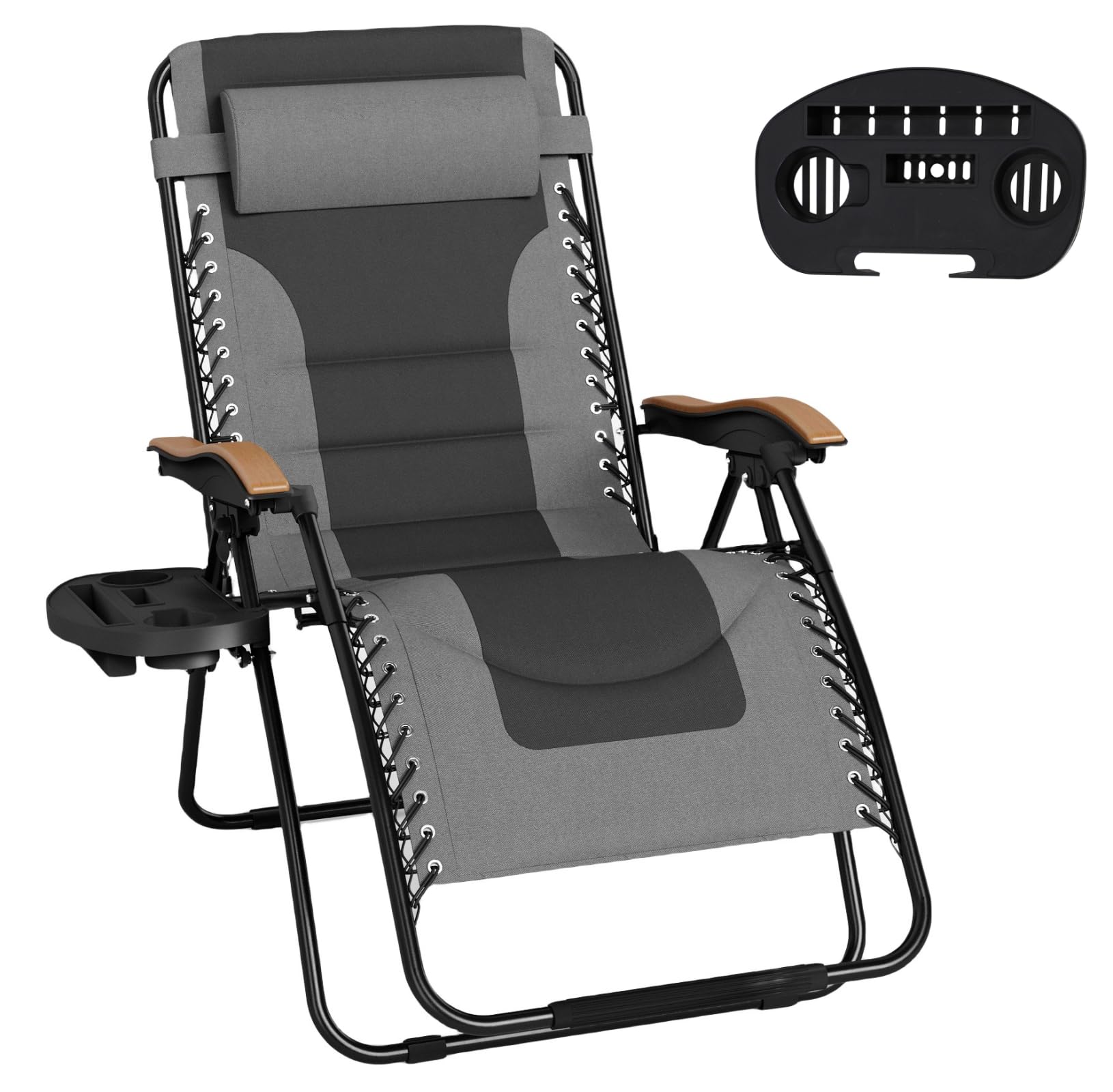 MFSTUDIO Zero Gravity Chairs, Oversized Patio Recliner Chair, Padded Folding Lawn Chair with Cup Holder Tray, Support 400lbs, Grey