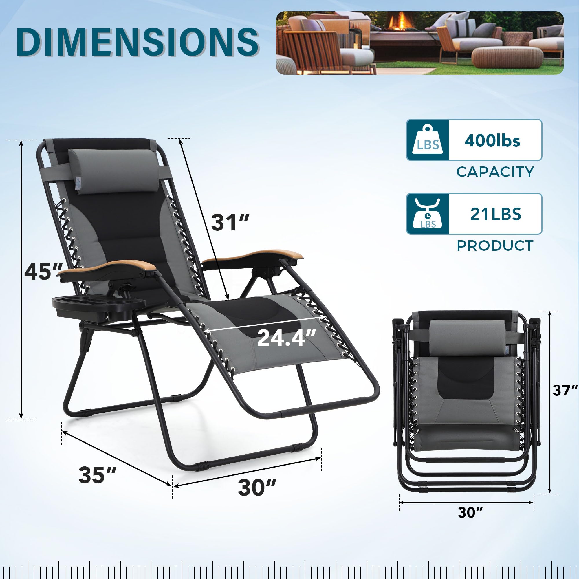 MFSTUDIO Zero Gravity Chairs, Oversized Patio Recliner Chair, Padded Folding Lawn Chair with Cup Holder Tray, Support 400lbs, Grey