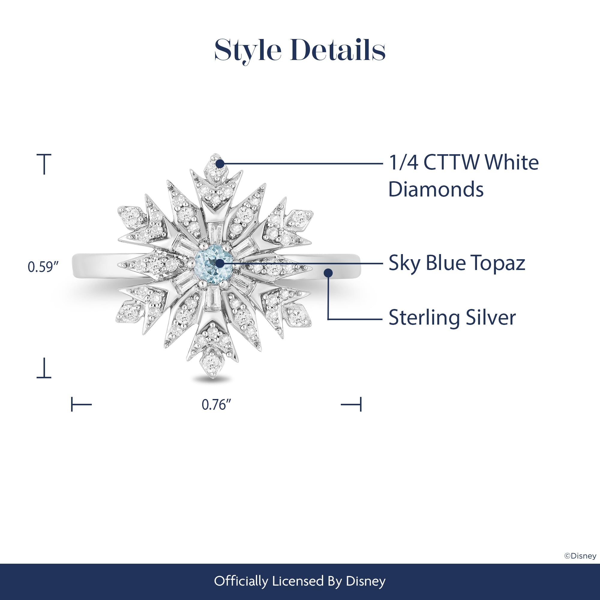 Jewelili Enchanted Disney Fine Jewelry Sterling Silver with 1/4 CTTW Diamonds and Sky Blue Topaz Elsa Snowflake Ring Size 8