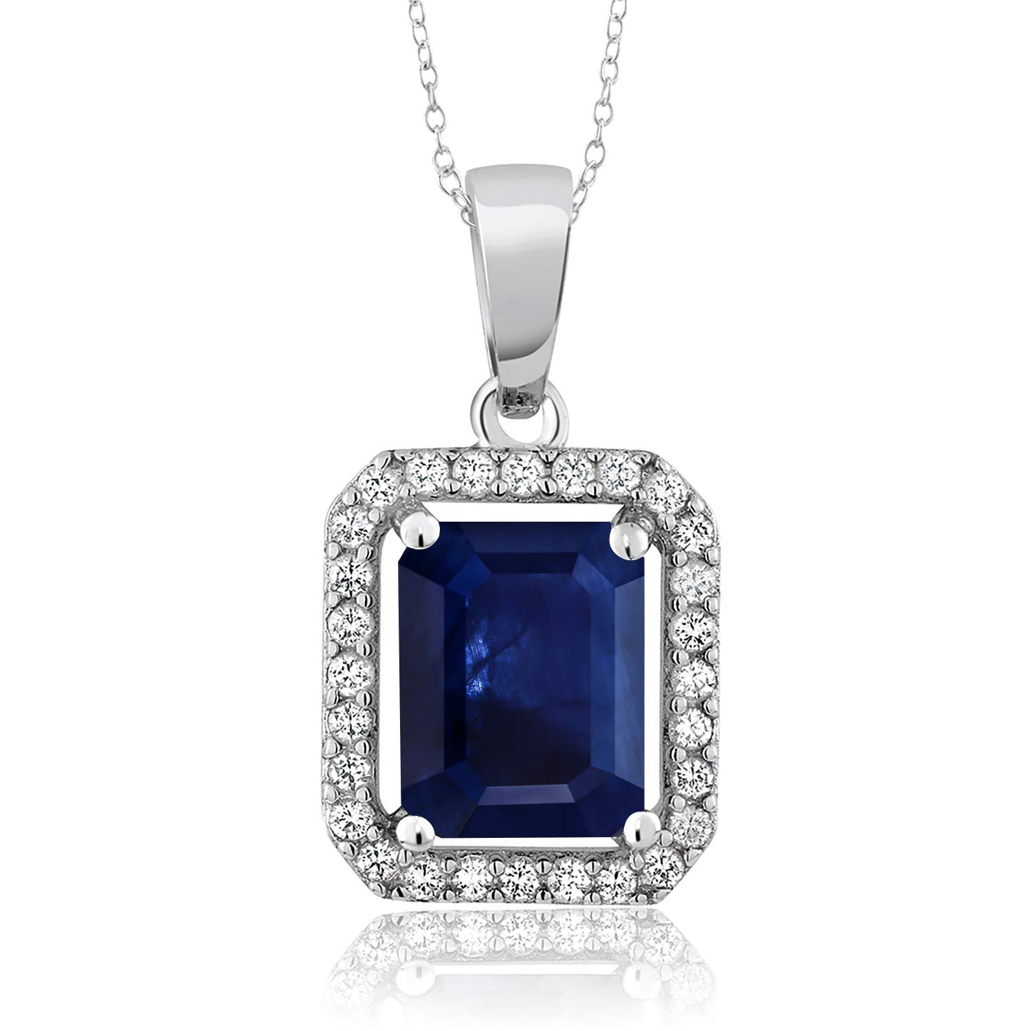 Gem Stone King 925 Sterling Silver Gemstone Birthstone Halo Necklace | Emerald Cut 9X7MM | Halo Pendant Necklace for Women | with 18 Inch Silver Chain