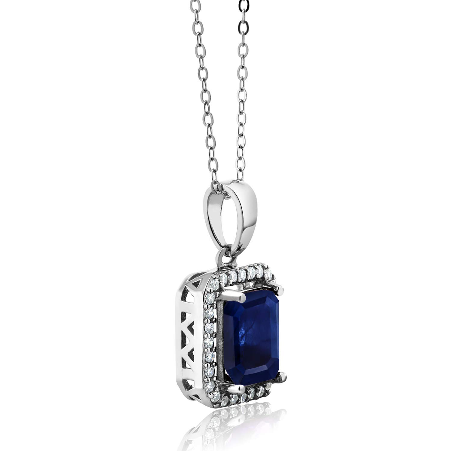 Gem Stone King 925 Sterling Silver Gemstone Birthstone Halo Necklace | Emerald Cut 9X7MM | Halo Pendant Necklace for Women | with 18 Inch Silver Chain