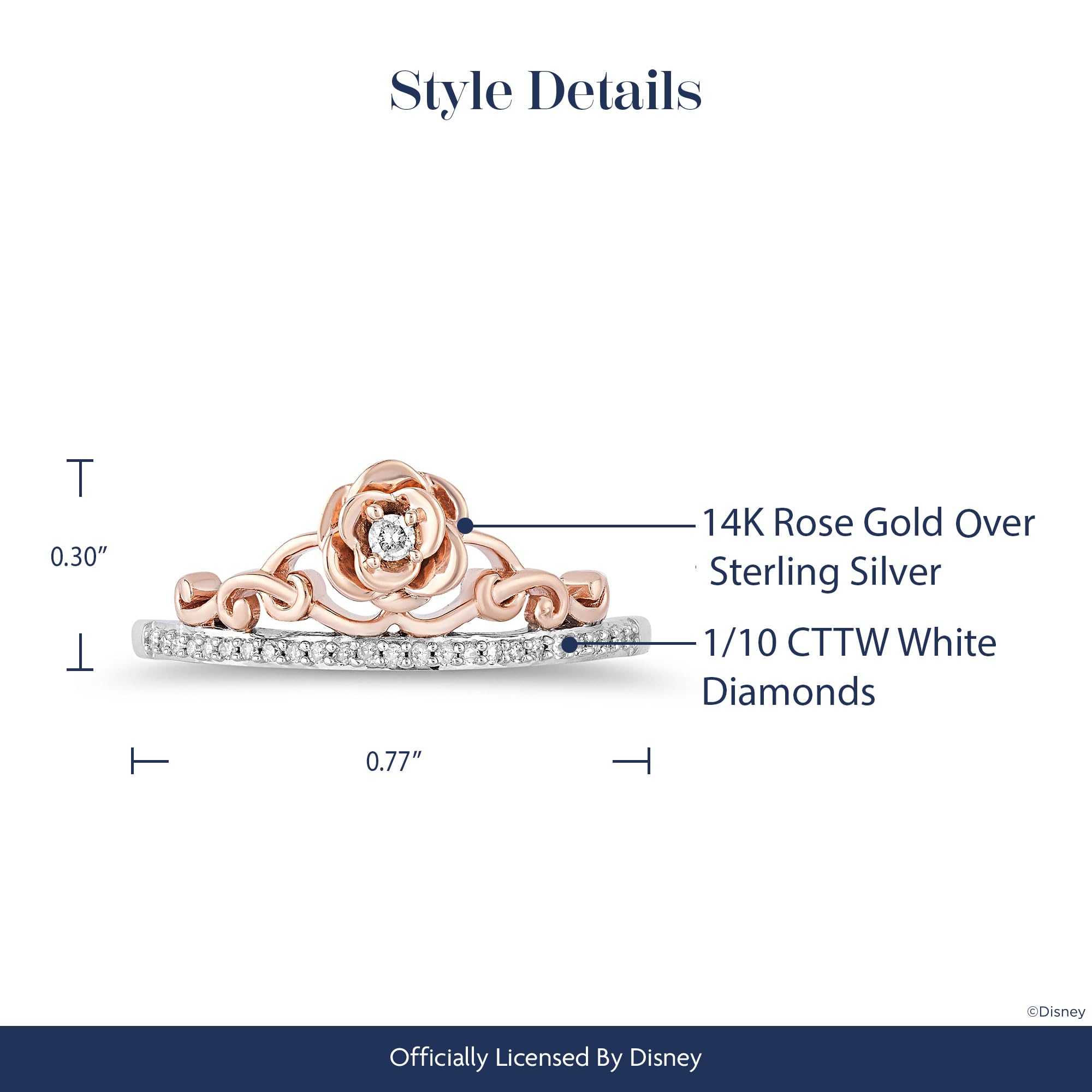 Jewelili Enchanted Disney Fine Jewelry 14K Rose Gold over Sterling Silver with 1/10 Cttw Diamond Belle Rose Ring, Size 6