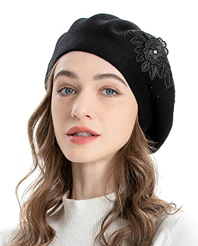 ZLYC Womens French Beret hat, Reversible Solid Color Cashmere Mosaic Warm Beret Cap for Girls (Flower Black)