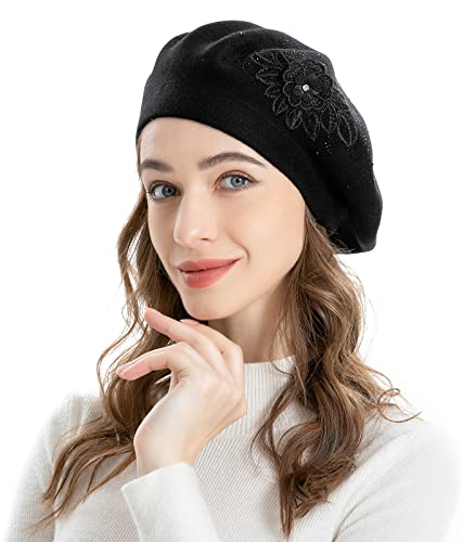 ZLYC Womens French Beret hat, Reversible Solid Color Cashmere Mosaic Warm Beret Cap for Girls (Flower Black)