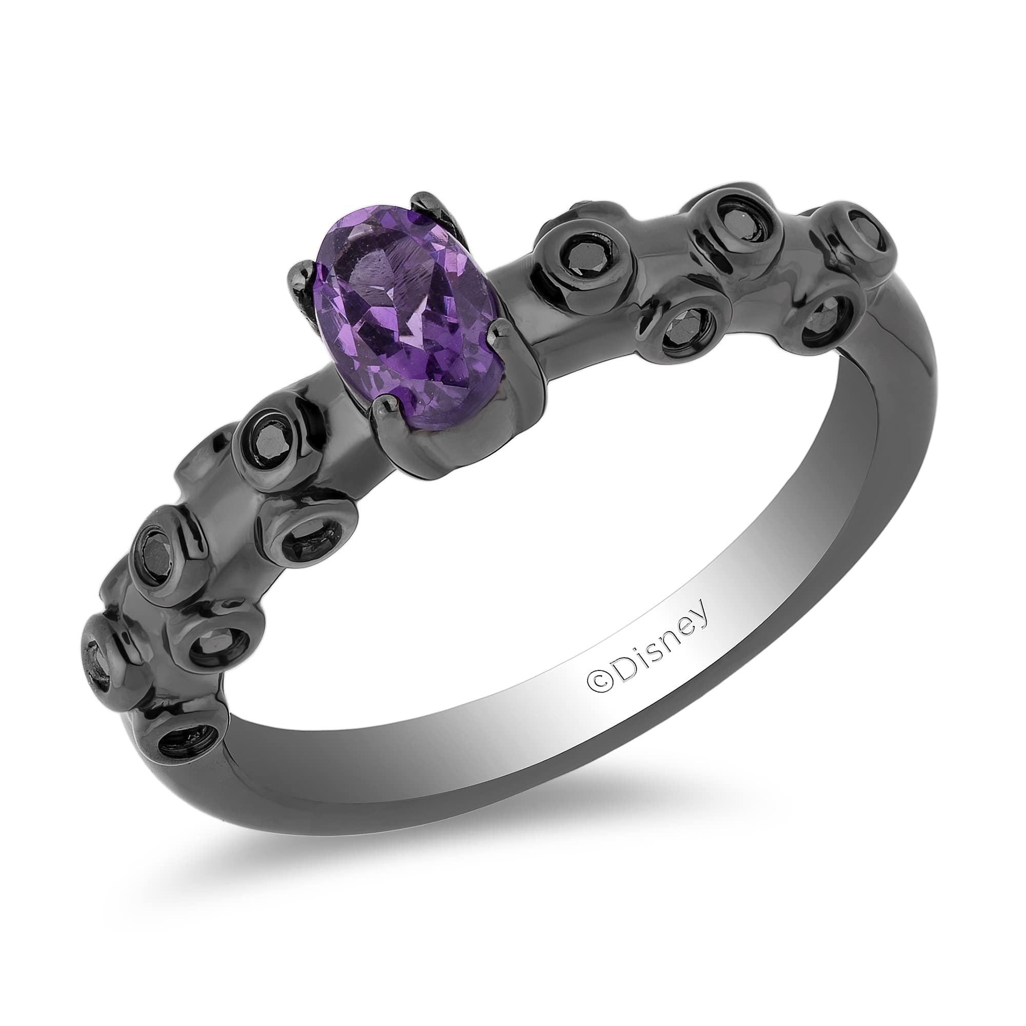 Jewelili Enchanted Disney Fine Jewelry Sterling Silver with Black Rhodium 1/10 Cttw Diamond and Amethyst Ursula Ring Size 8