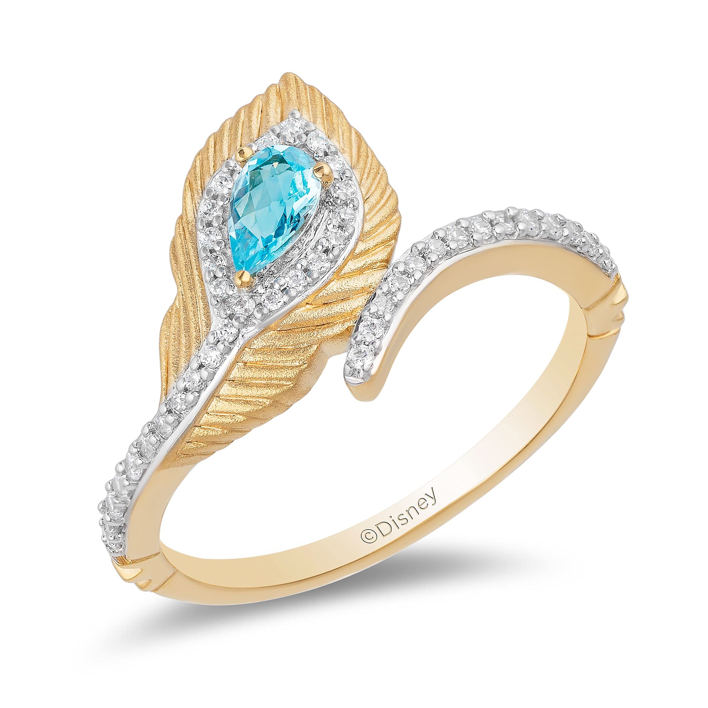 Jewelili Enchanted Disney Fine Jewelry 10K Yellow Gold 1/6 Cttw Diamond and Swiss Blue Topaz Jasmine Peacock Feather Ring Size 8