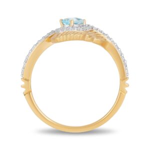 Jewelili Enchanted Disney Fine Jewelry 10K Yellow Gold 1/6 Cttw Diamond and Swiss Blue Topaz Jasmine Peacock Feather Ring Size 8