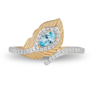 Jewelili Enchanted Disney Fine Jewelry 10K Yellow Gold 1/6 Cttw Diamond and Swiss Blue Topaz Jasmine Peacock Feather Ring Size 8