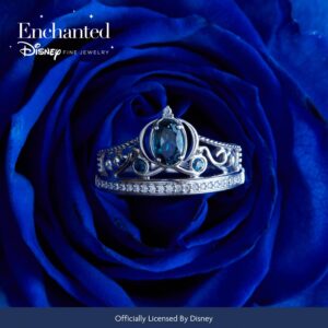 Jewelili Enchanted Disney Fine Jewelry Sterling Silver 6x4 MM London Blue Topaz with 1/10 Cttw Diamonds Cinderella Carriage Tiara Ring Size 8