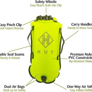 HUT Swim Buoy Dry Bag - Premium Tow Float and Watertight Dry Bag for Open Water Swimmers, Triathletes. High Visibility Safety Swim Buoy, Two air Chambers - be seen be Safe (20L)