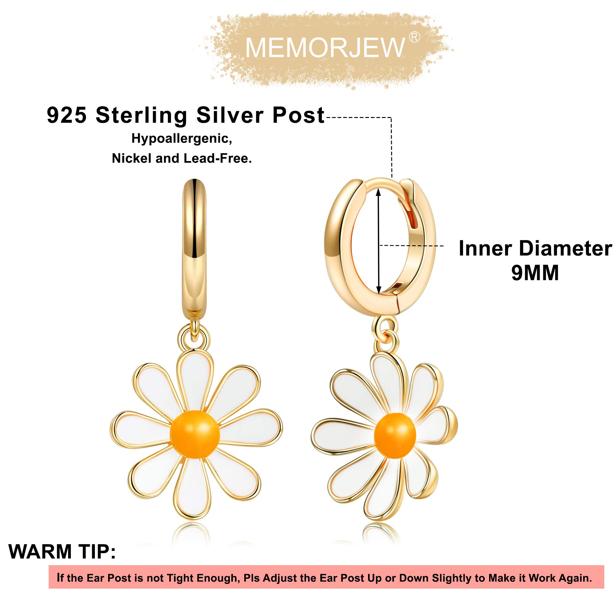 Memorjew Daisy Huggie Hoop Earrings for Women, 925 Sterling Silver Post Tiny Dainty Daisy Flower Dangle Earrings Hypoallergenic Gold Huggie Earrings for Women Jewelry Gifts