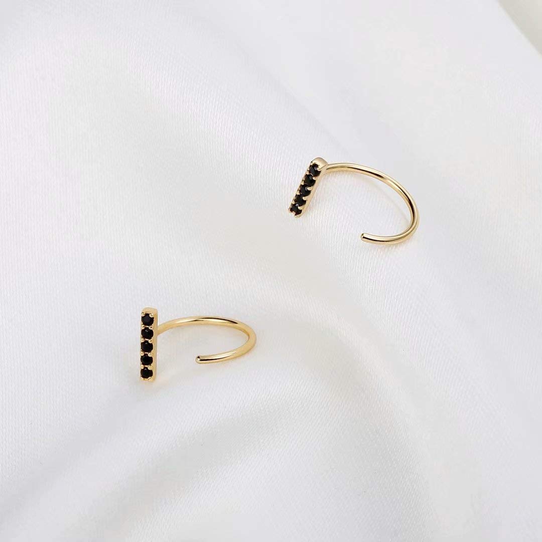 Memorjew 925 Sterling Silver Earrings for Women, Tiny Cubic Zirconia Bar Open Huggie Half Hoop Earrings Mini Minimalist Gold Hypoallergenic Earrings for Women Sensitive Ears