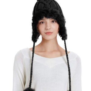 Zecmos Winter Skull Beanie Hat Women Faux Fur Knit Warm Soft Ski Cap Fleece Ear Flaps Black