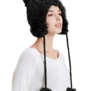 Zecmos Winter Skull Beanie Hat Women Faux Fur Knit Warm Soft Ski Cap Fleece Ear Flaps Black