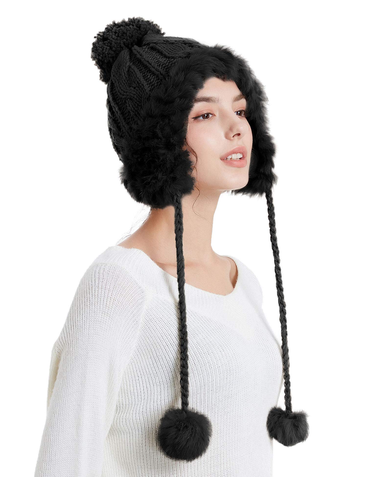 Zecmos Winter Skull Beanie Hat Women Faux Fur Knit Warm Soft Ski Cap Fleece Ear Flaps Black