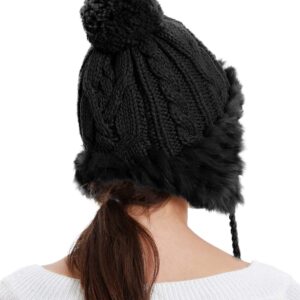 Zecmos Winter Skull Beanie Hat Women Faux Fur Knit Warm Soft Ski Cap Fleece Ear Flaps Black