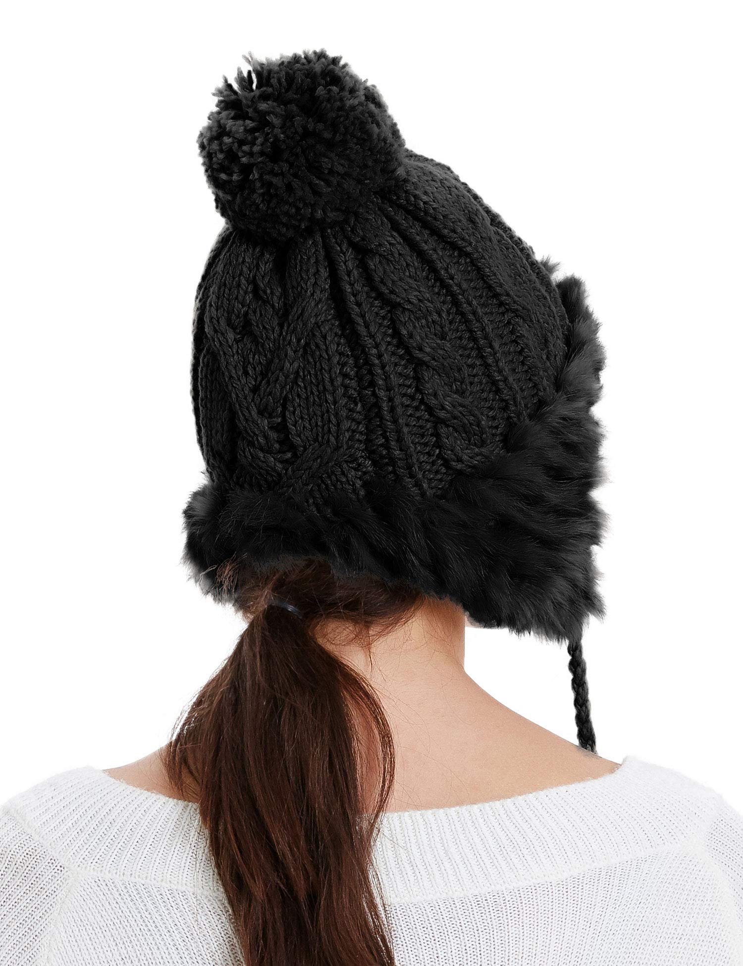 Zecmos Winter Skull Beanie Hat Women Faux Fur Knit Warm Soft Ski Cap Fleece Ear Flaps Black