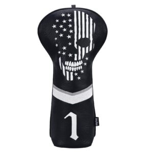 caiobob mytag golf skull skeleton head cover golf club black leather headcovers set fits driver fairway wood hybrid (1pc driver cover)