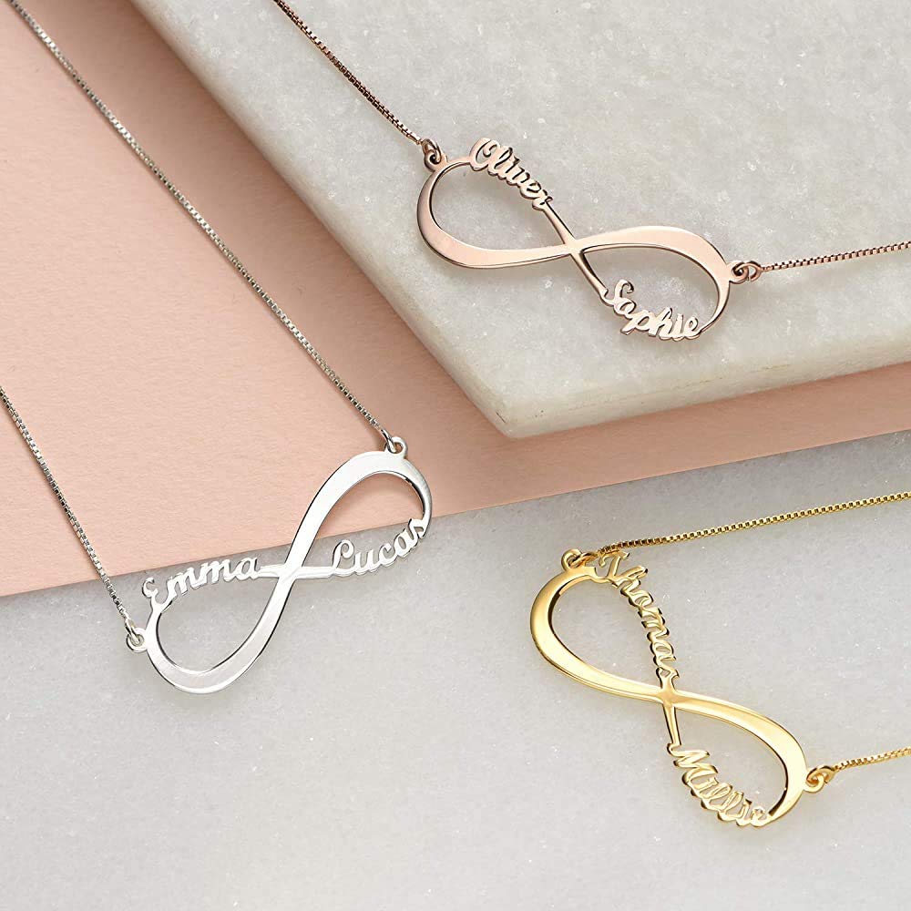 ORFAN Personalized Infinity Name Necklace Custom 1-8 Name Necklace Personalized for Women BFF Girlfriend Family Name Necklace for Women (2 name and text)