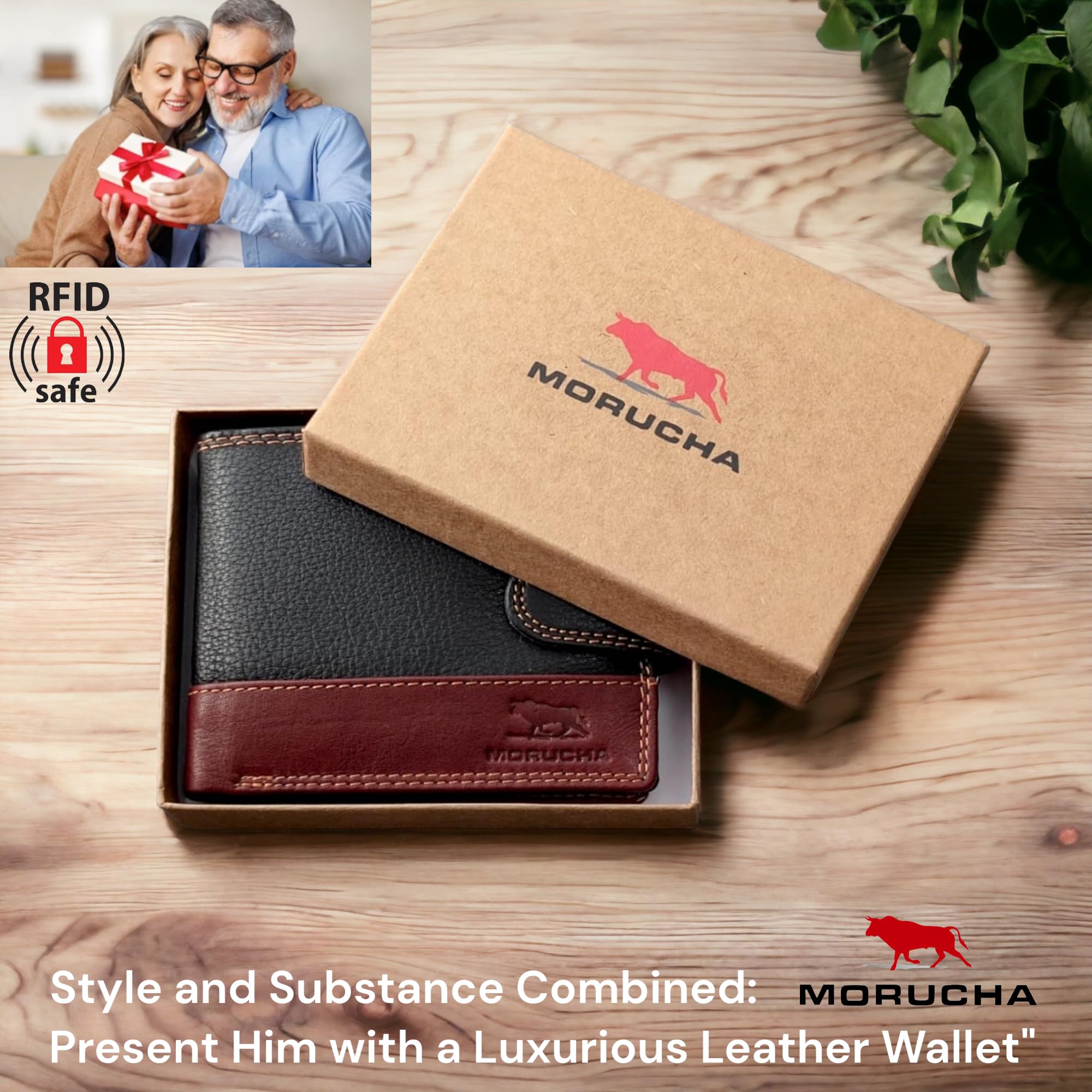 MORUCHA Mens RFID Blocking Real Soft Leather Passcase Wallet with Gift Box M75 BLACK/BROWN