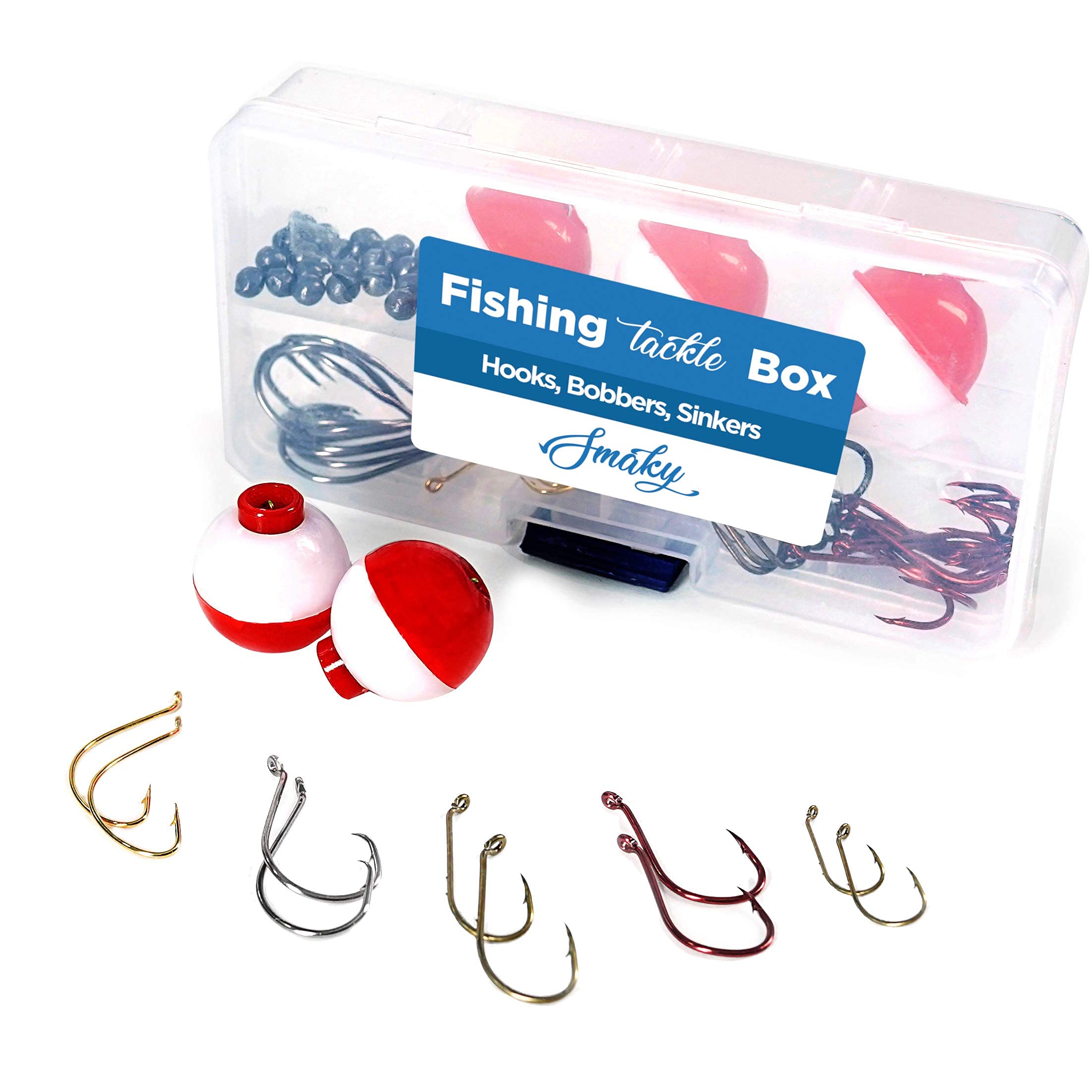 Smaky Fishing Tackle Kit Beginners Equipment 80 Pcs-Includes Fishing Hooks Bobbers Circle Octopus Hooks Sinkers| Starter Kit for Artificial and Live Baits (80-Pcs)