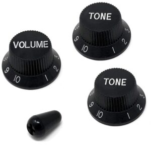 vintage forge black guitar control knobs (1 volume, 2 tone, 1 switch tip) for fender strat style electric guitars fits usa (imperial) split shaft pots stkus-blk