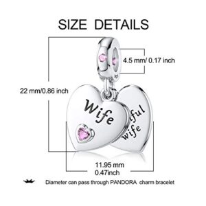 JIAYIQI Wife Charm Fit Pandora Charms Bracelet 925 Sterling Silver Dangle Beads with Cubic Zirconias Heart Shape Love Charms for Women Birthday Valentine's Day Present