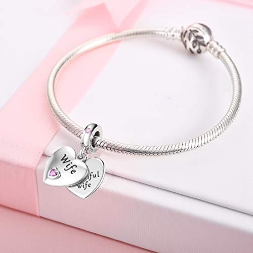 JIAYIQI Wife Charm Fit Pandora Charms Bracelet 925 Sterling Silver Dangle Beads with Cubic Zirconias Heart Shape Love Charms for Women Birthday Valentine's Day Present